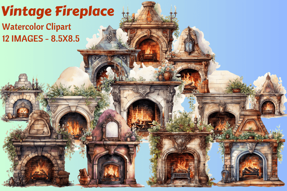 Download Vintage Fireplace Watercolor Clipart - Water Collection