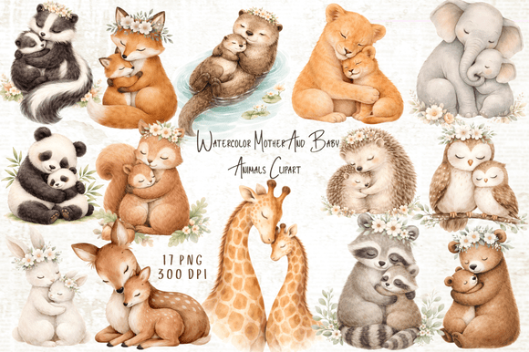 Download Mother &amp; Baby Animals Watercolor Clipart - Water Collection
